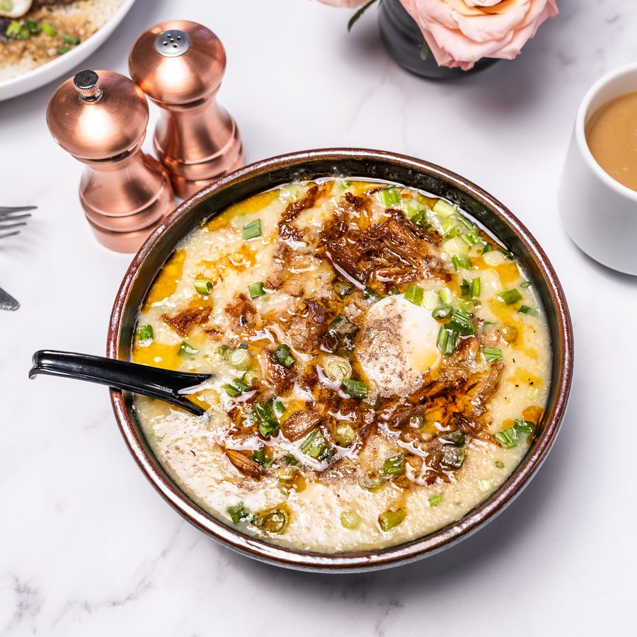 Congee with crispy duck and scallions